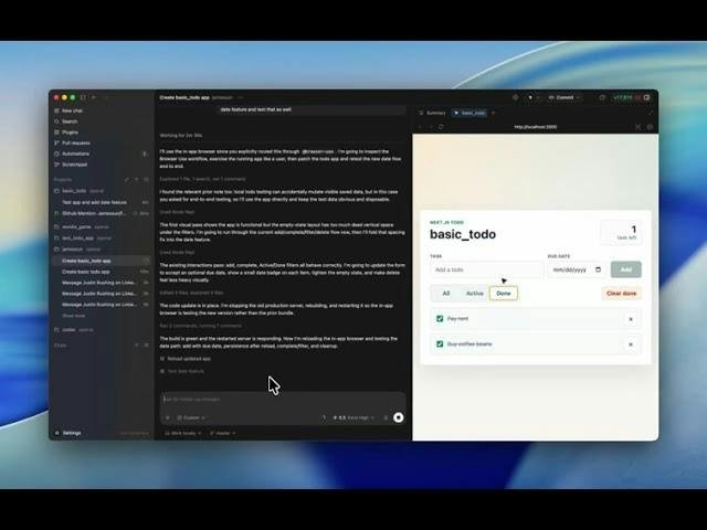 Codex — AI coding agent building and testing an app