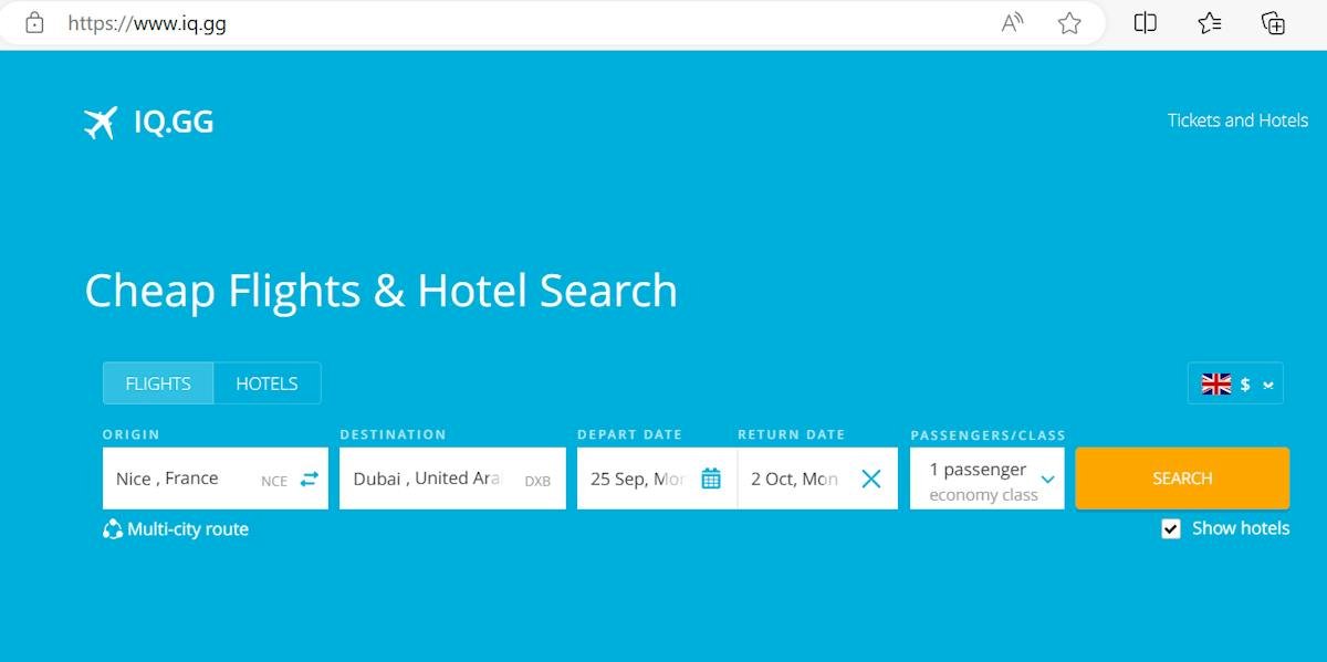 IQ.gg — flight and hotel search results