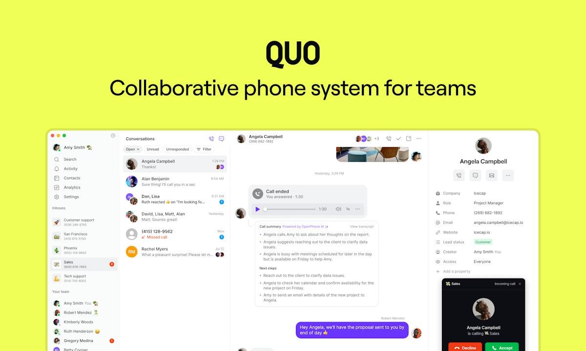 Quo — shared business phone number dashboard
