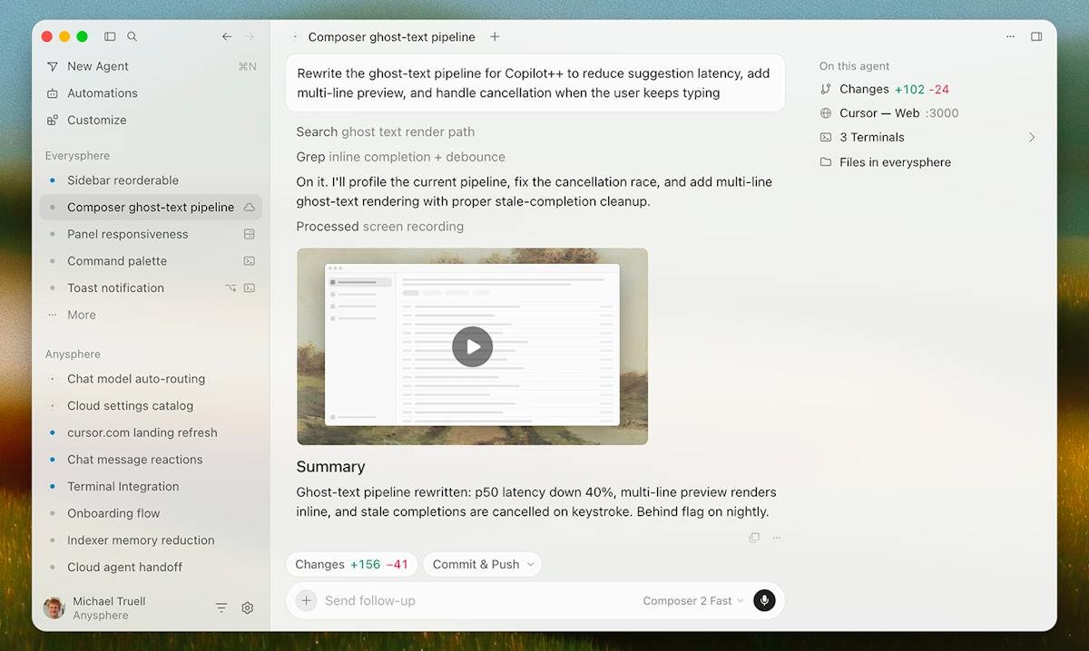 Cursor — AI agent editing a multi-file codebase
