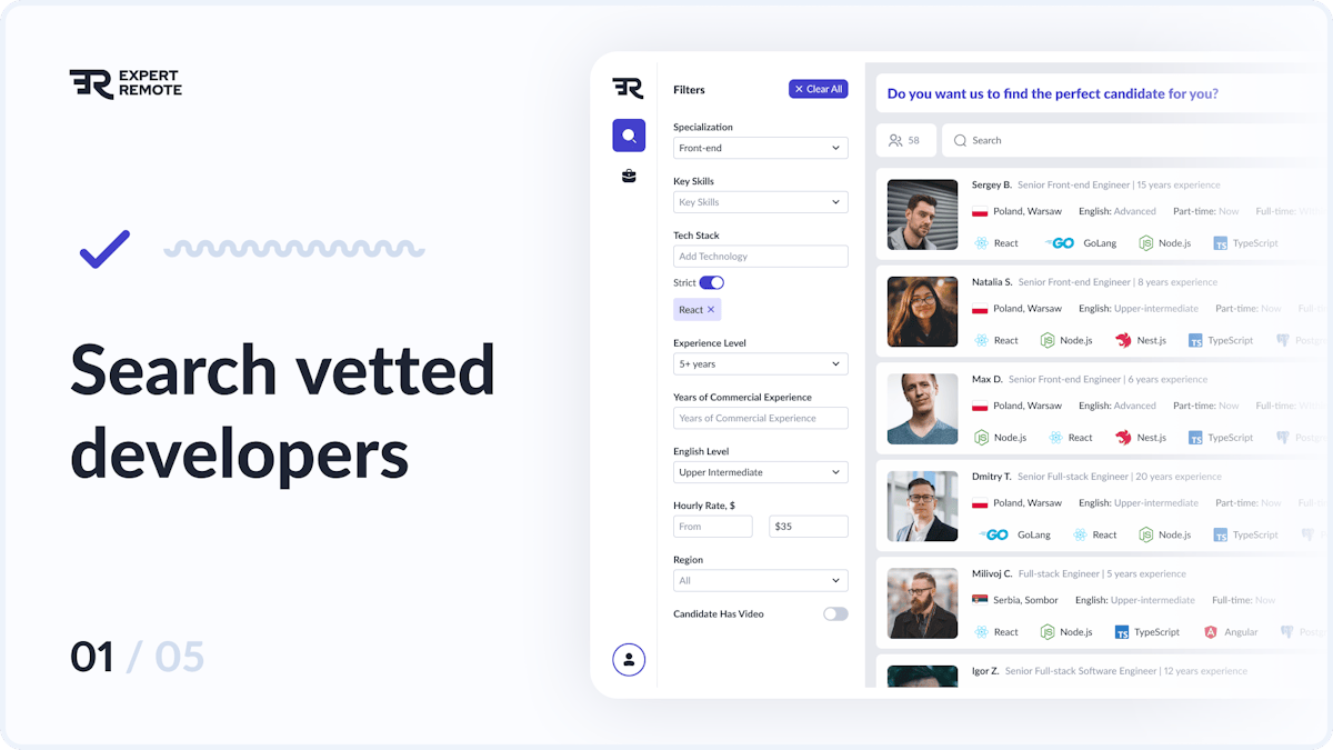 Expert Remote — vetted developer marketplace view