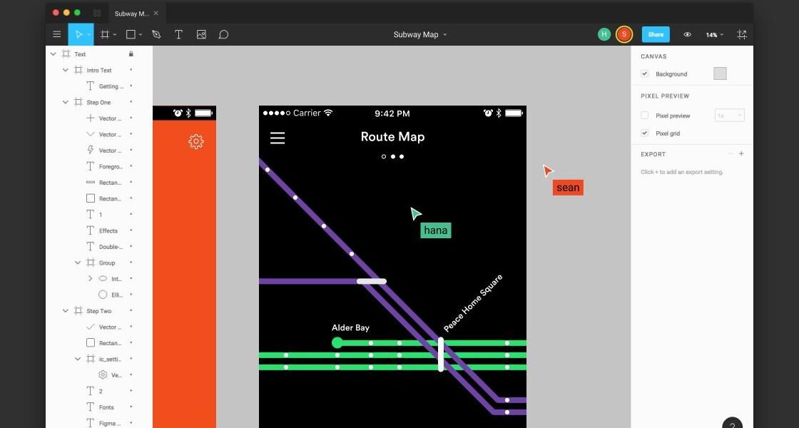 Figma — multi-frame interface design canvas