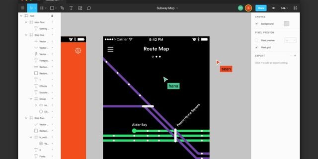 Figma — multi-frame interface design canvas