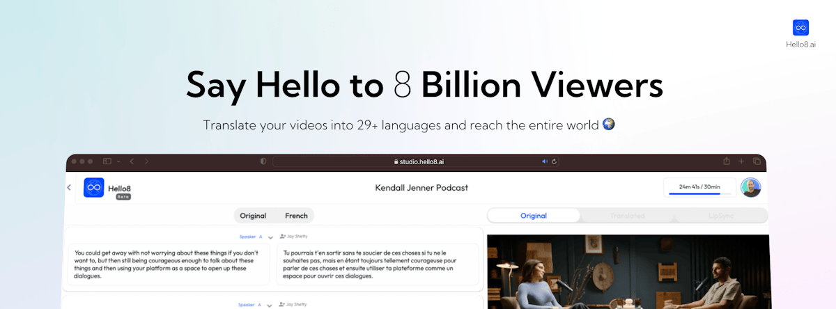 Hello8 — multi-speaker video translation with voice cloning