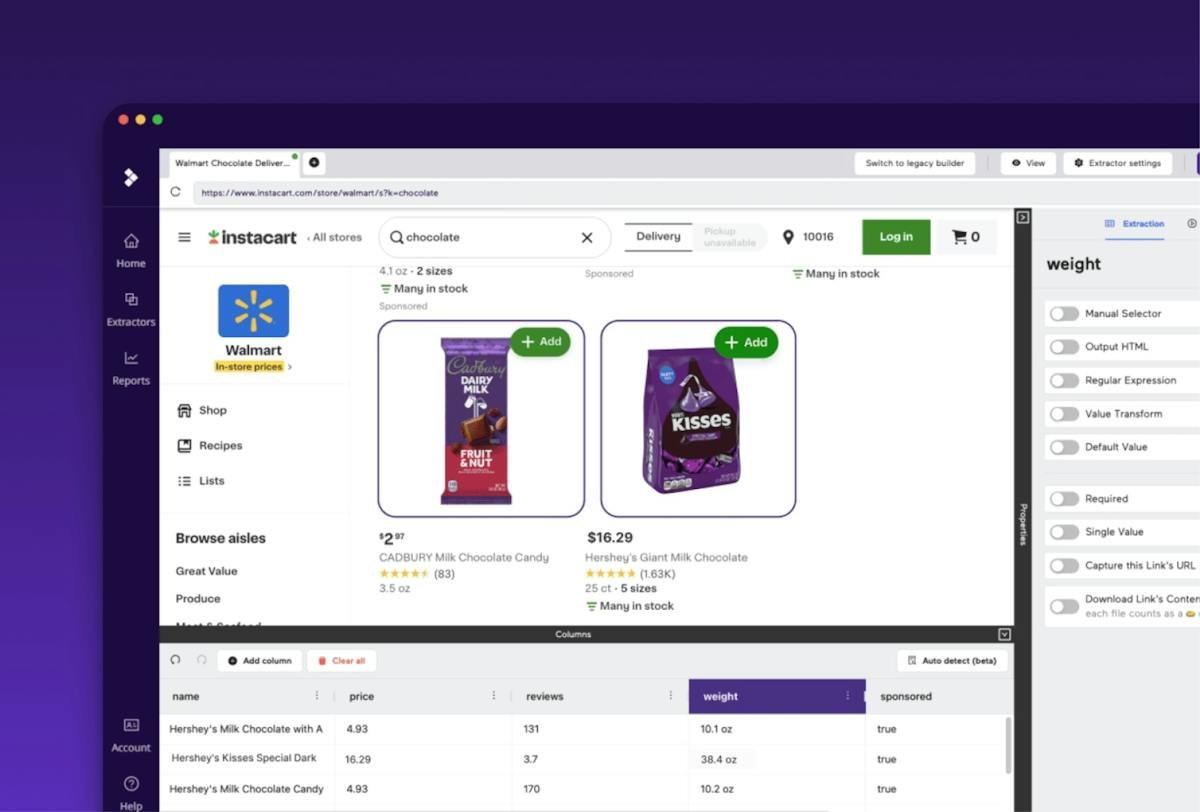 Import.io — structured data extraction view