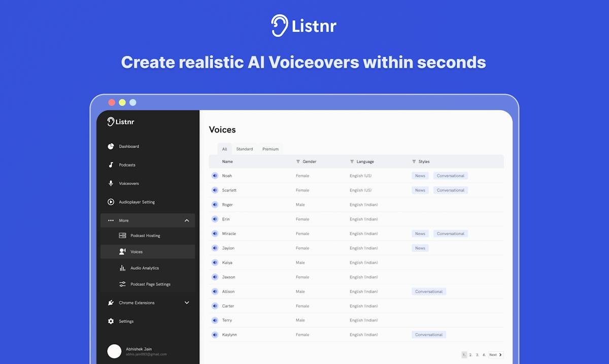 Listnr AI — voice library and podcast player tools