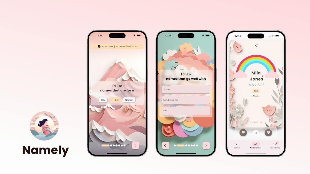 Namely — AI baby name swiping view