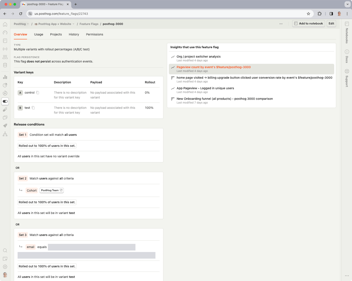 PostHog — product analytics dashboard with event insights
