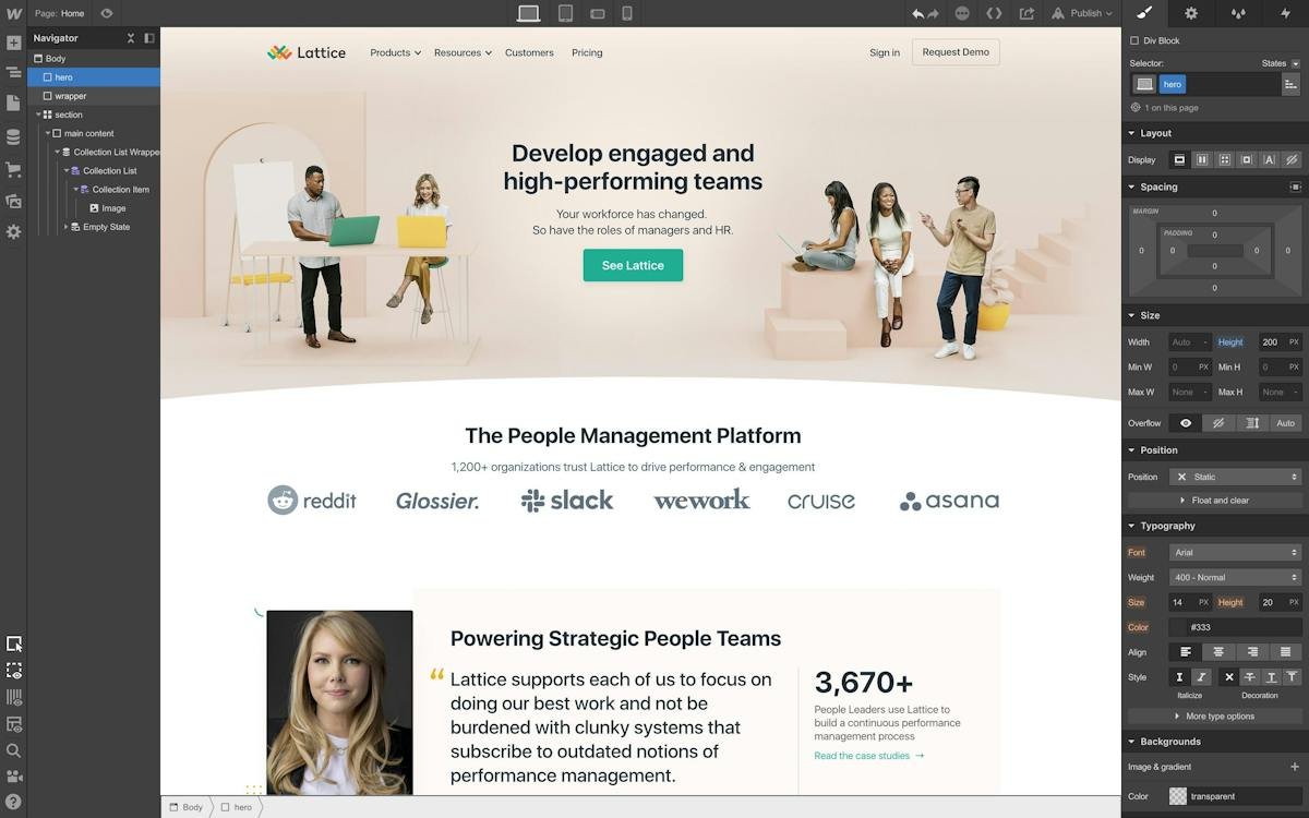 Webflow — visual canvas for building a site layout