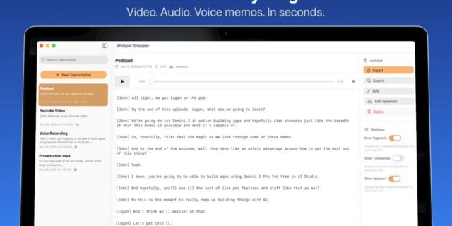 Whisper Snapper — local transcript with speaker labels and timestamps