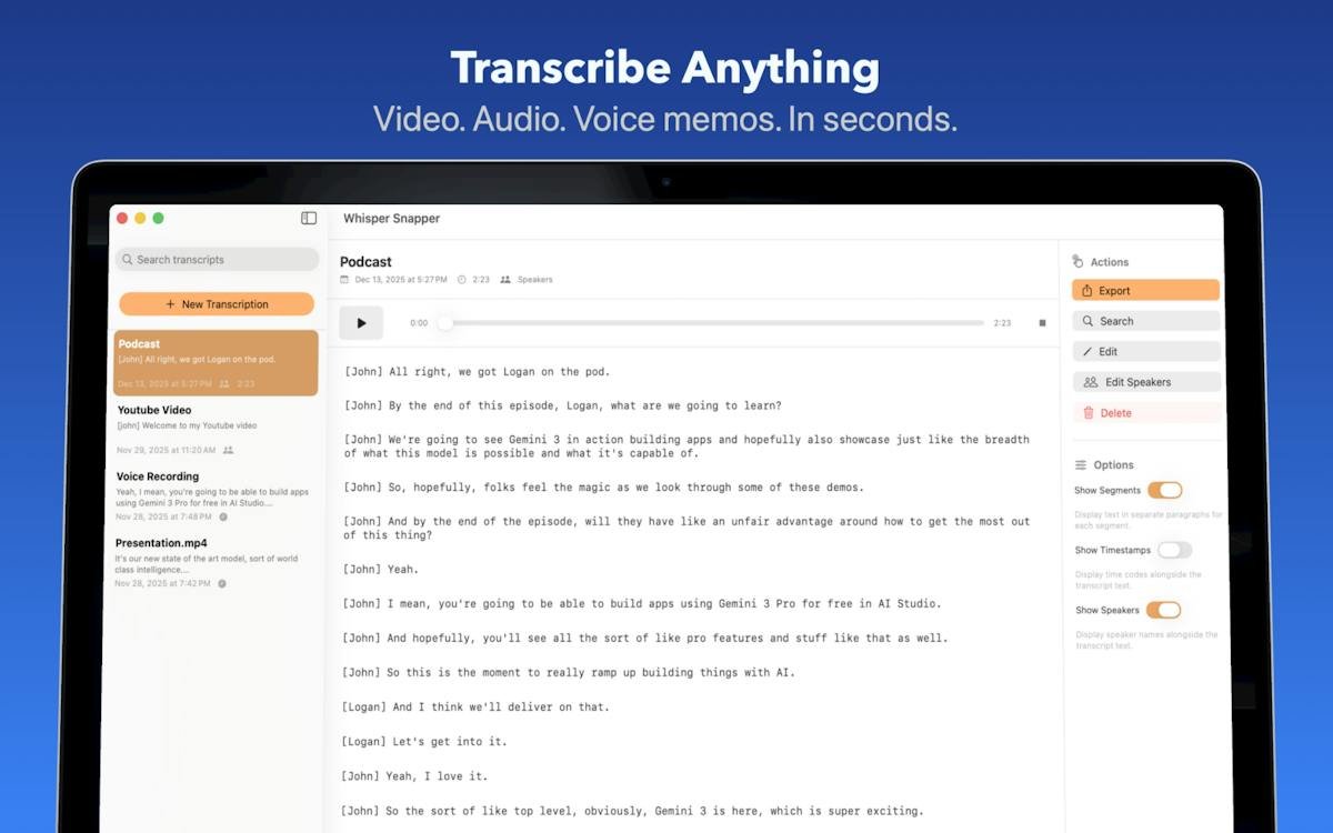 Whisper Snapper — local transcript with speaker labels and timestamps