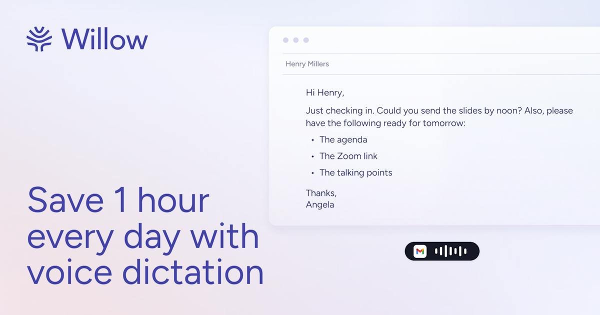 Willow Voice — system-wide voice dictation in use