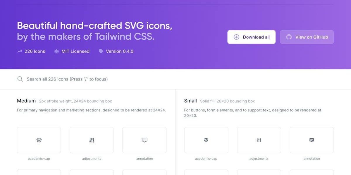 Heroicons — grid of SVG icons in outline style