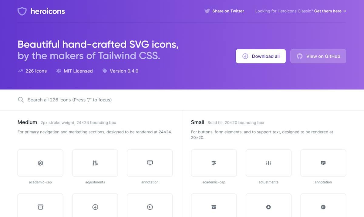 Heroicons — grid of SVG icons in outline style