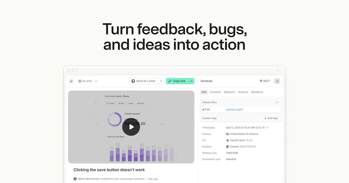 Jam — bug report with technical logs view