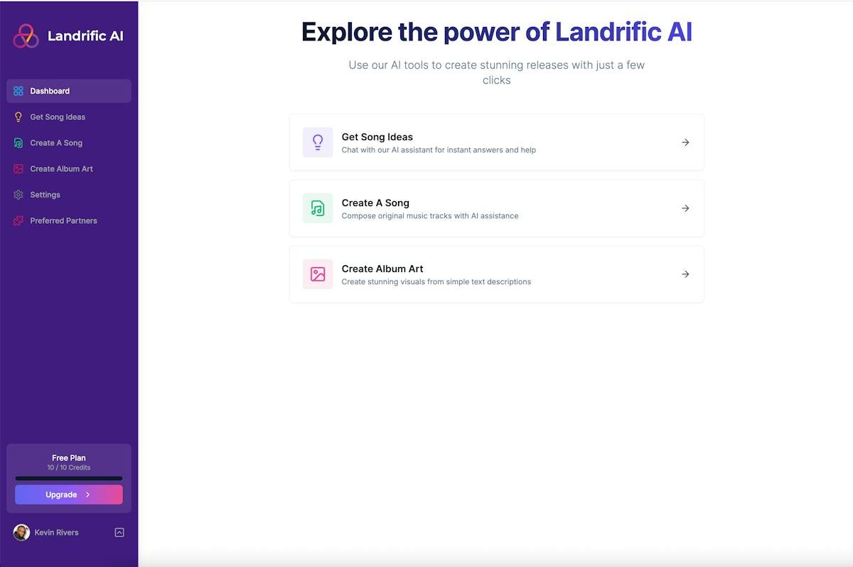 landrific.ai — AI music asset creation dashboard