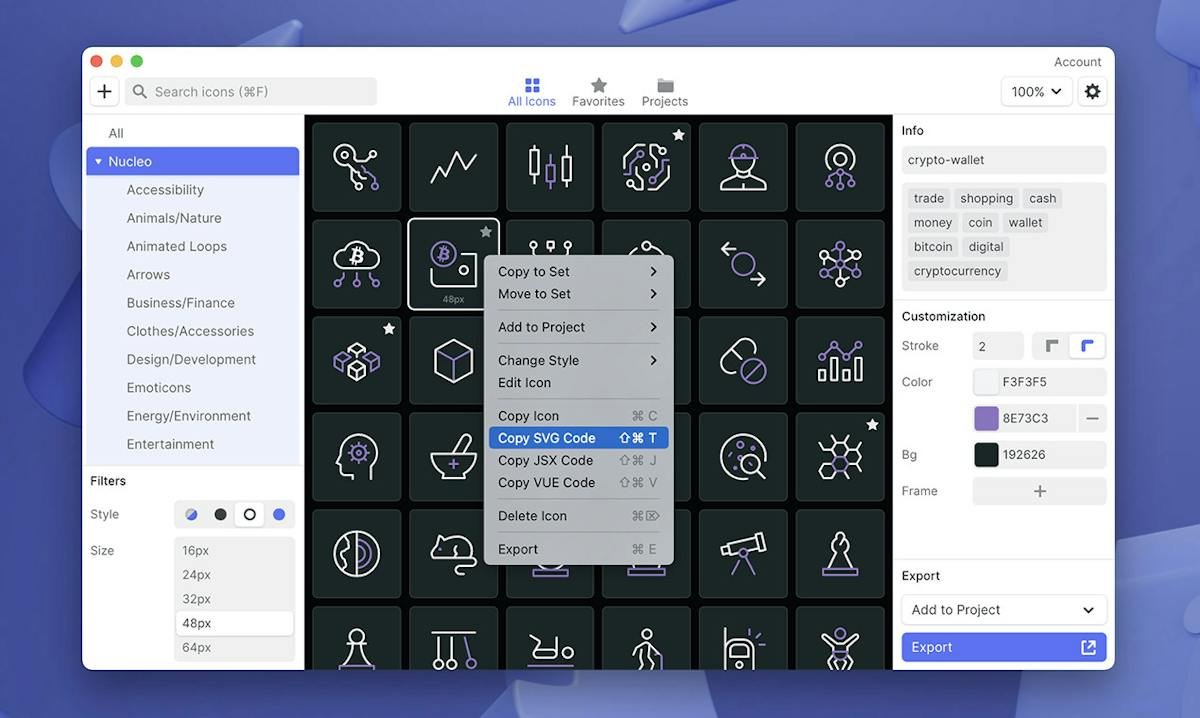 NucleoApp — desktop icon library and organizer window