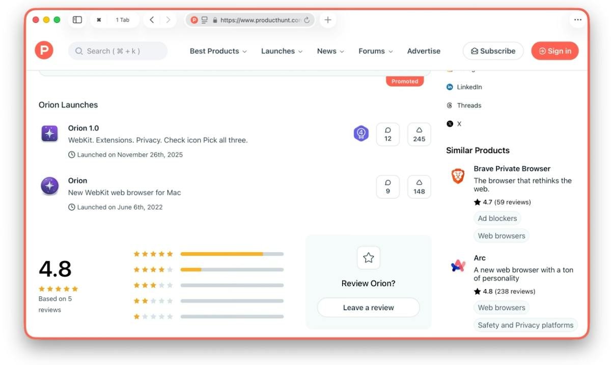 Orion Browser — native WebKit browser interface