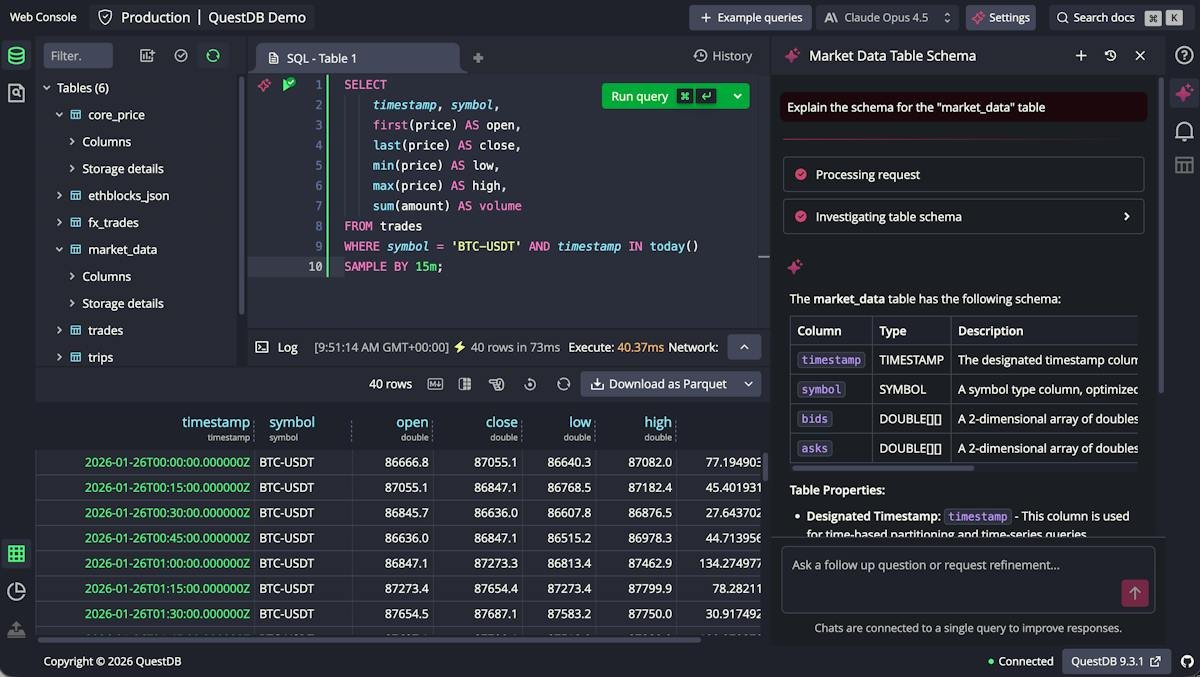 QuestDB — time-series query console