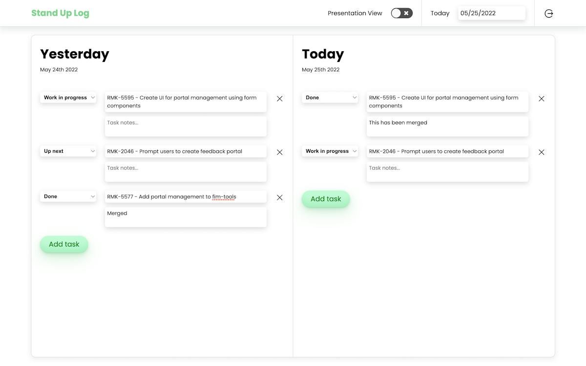 Stand Up Log — daily task log for developers